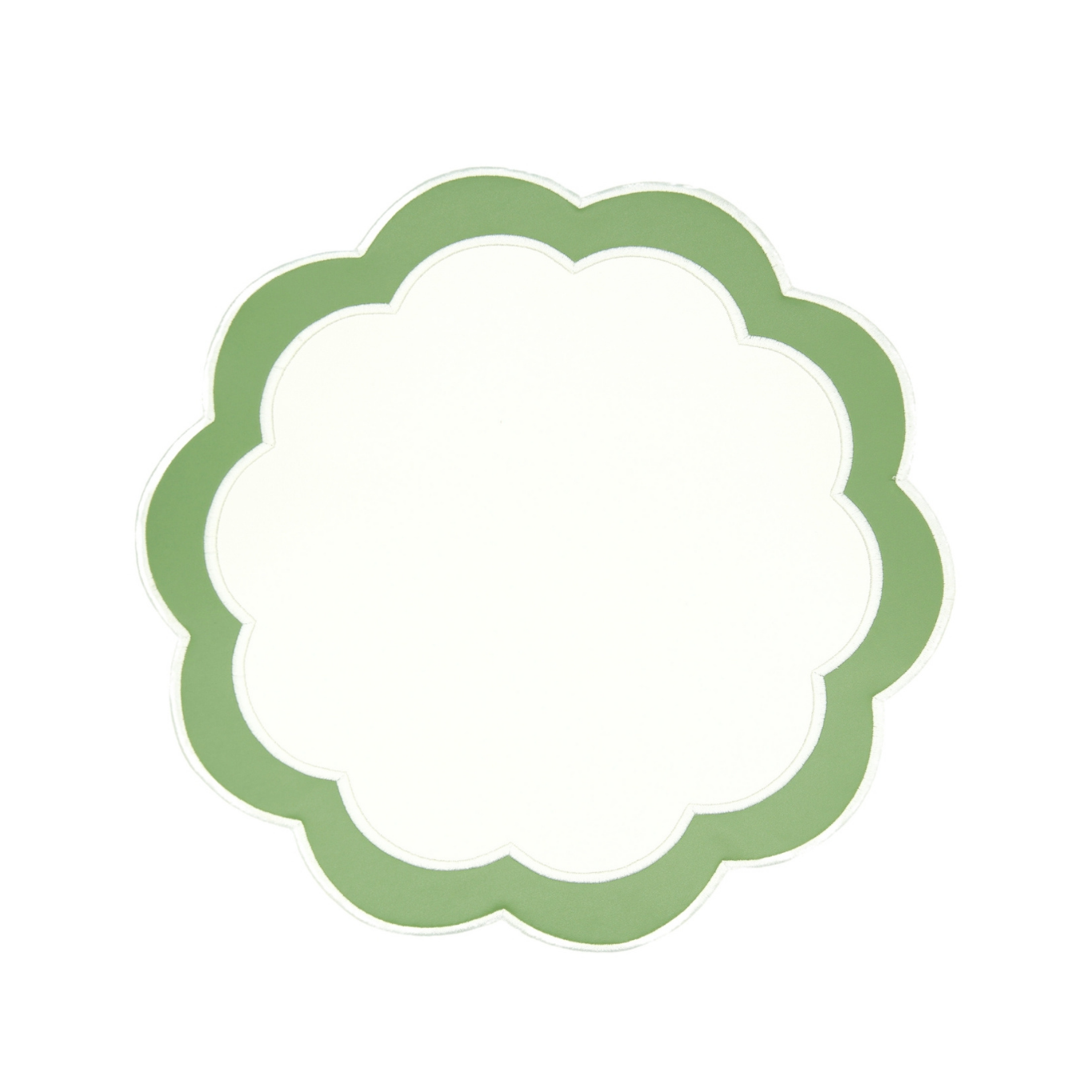 A round green faux leather placemat with embroidered details.