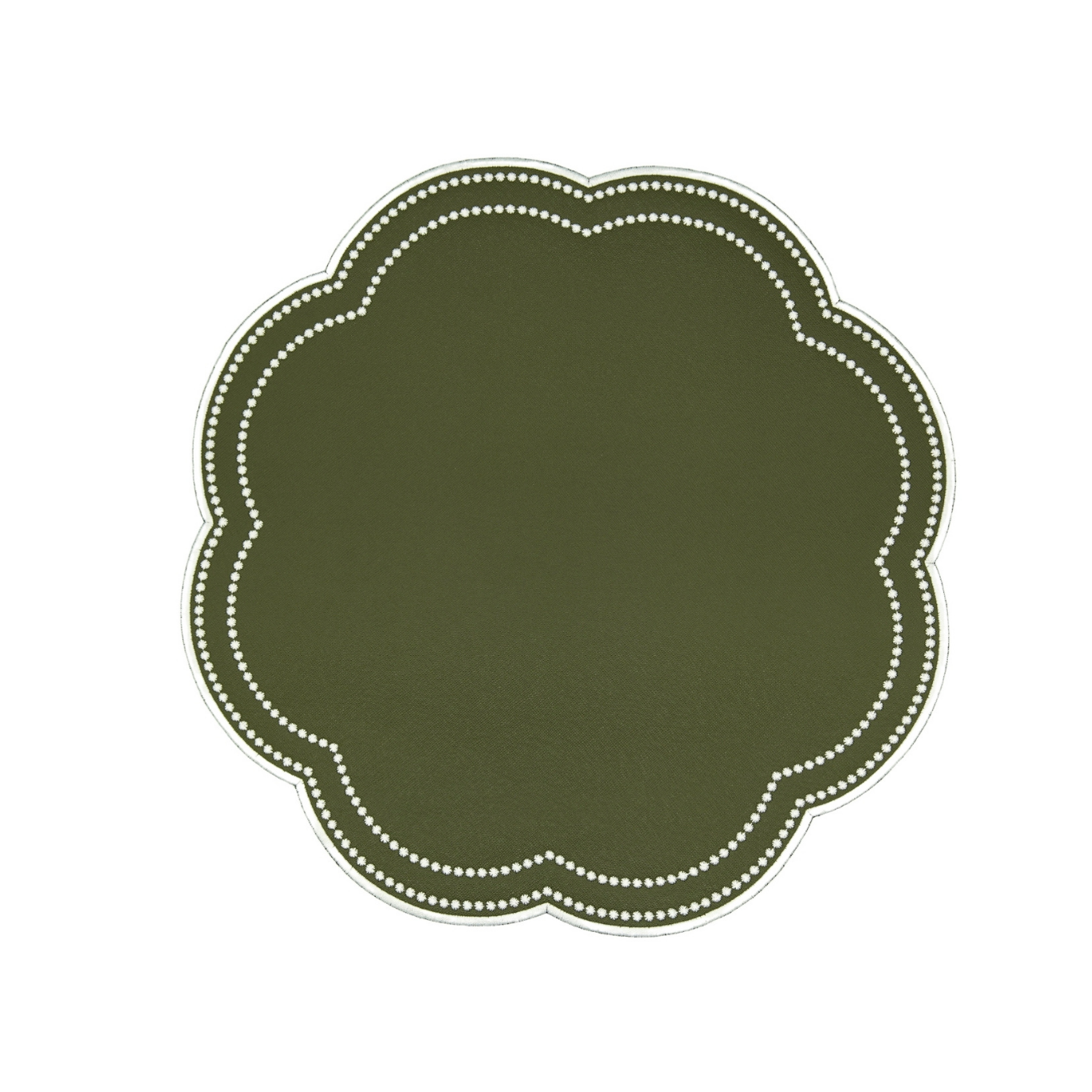 A round green faux leather placemat with a decorative edge and white stitching around the perimeter.
