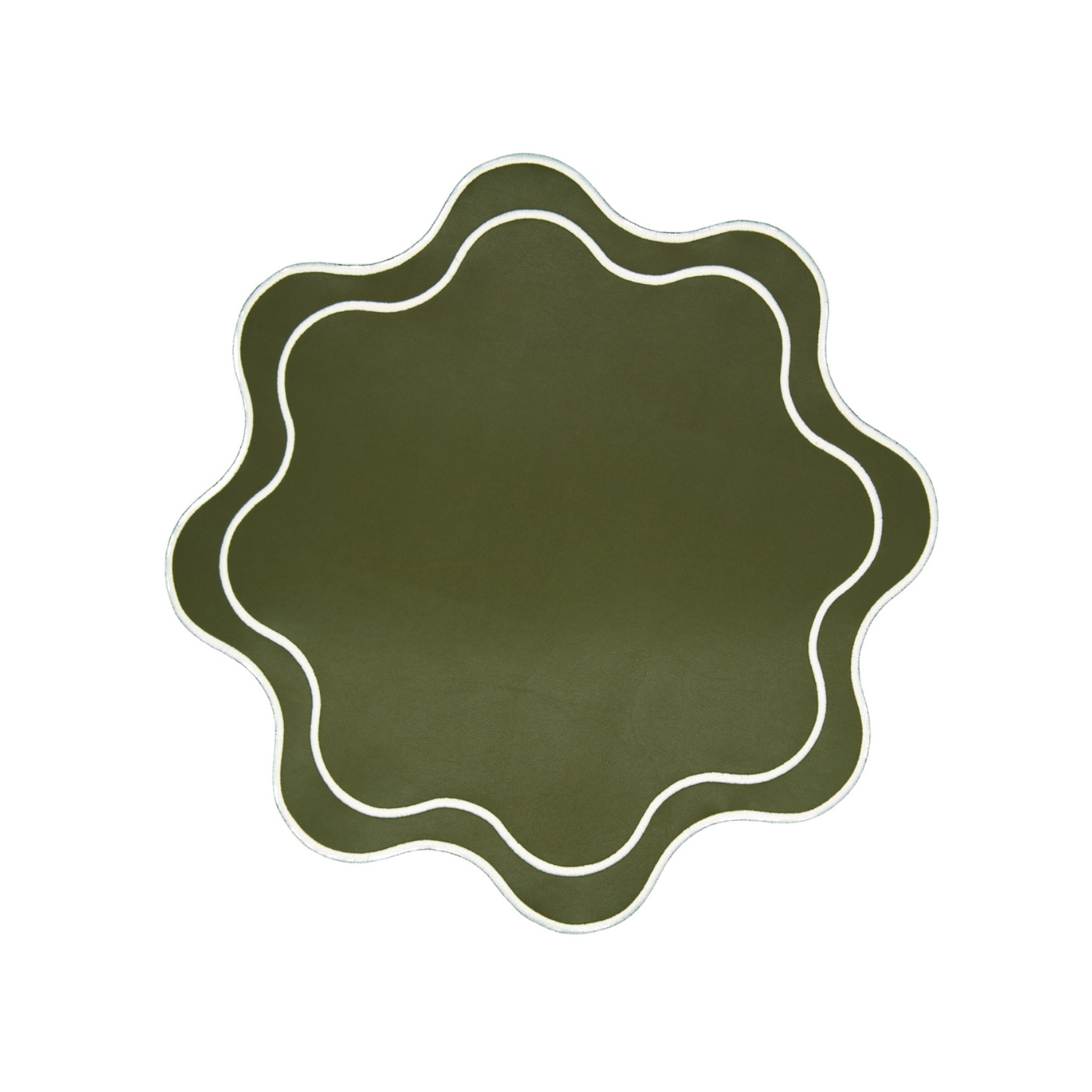 A round dark green faux leather placemat with a textured surface and white detailed trim.
