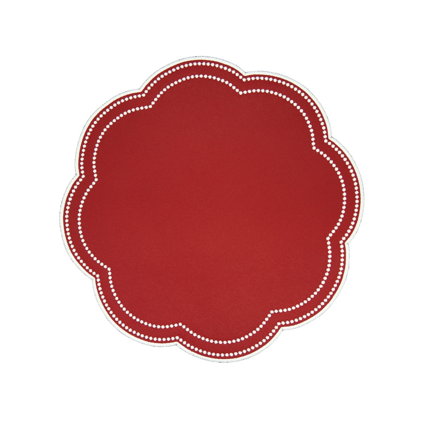 A round red faux leather placemat with a scalloped edge and white stitching detail around the border.