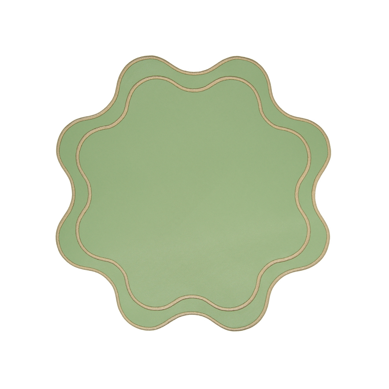 A round, light green faux leather placemat with a textured surface and decorative stitching around the edge.