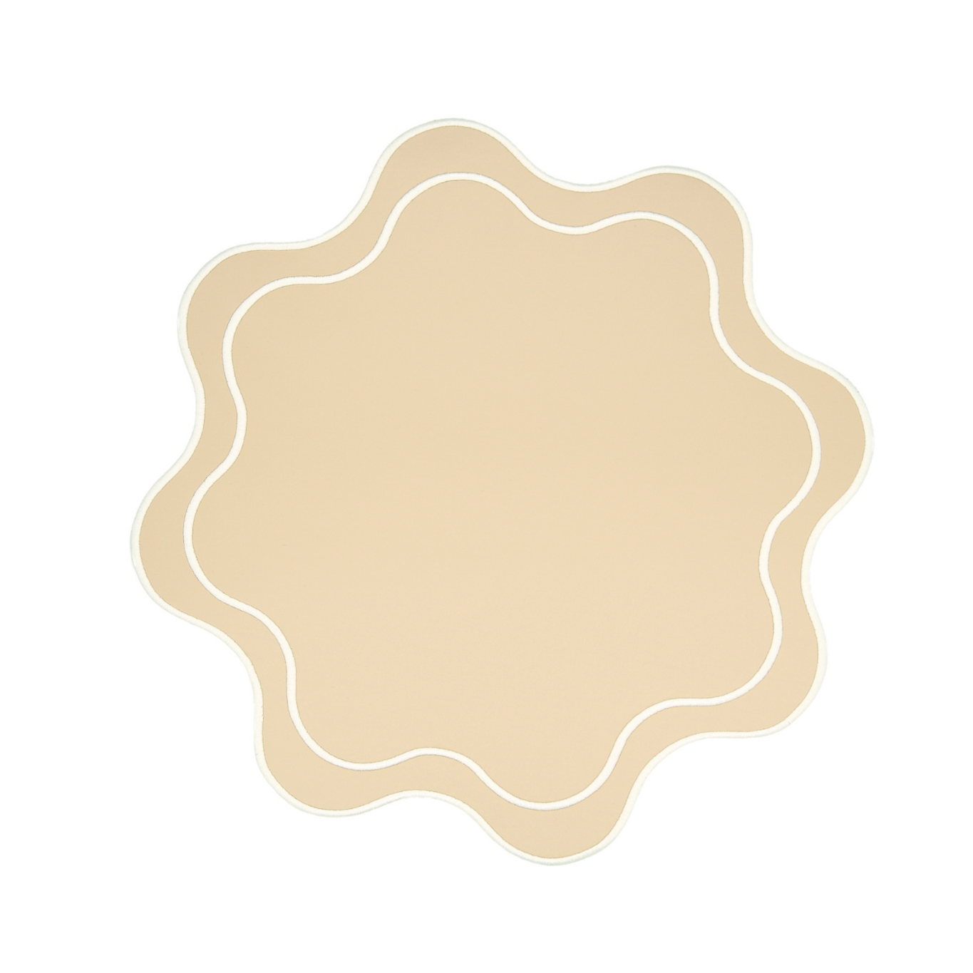 A beige faux leather placemat with a scalloped edge design.