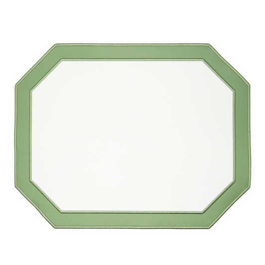 A round green faux leather placemat with a textured surface on a white background.
