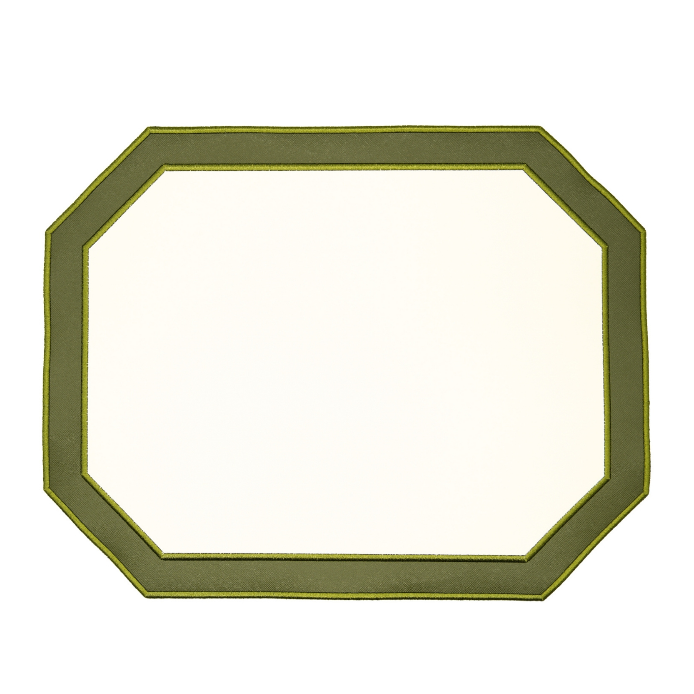 A round dark green faux leather placemat with a decorative edge.