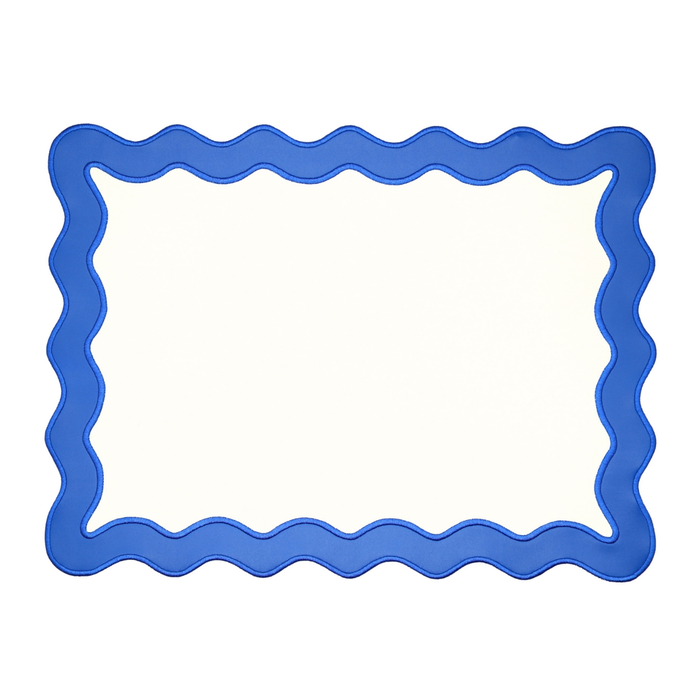 A rectangular blue faux leather placemat with a wavy edge design on a white background.