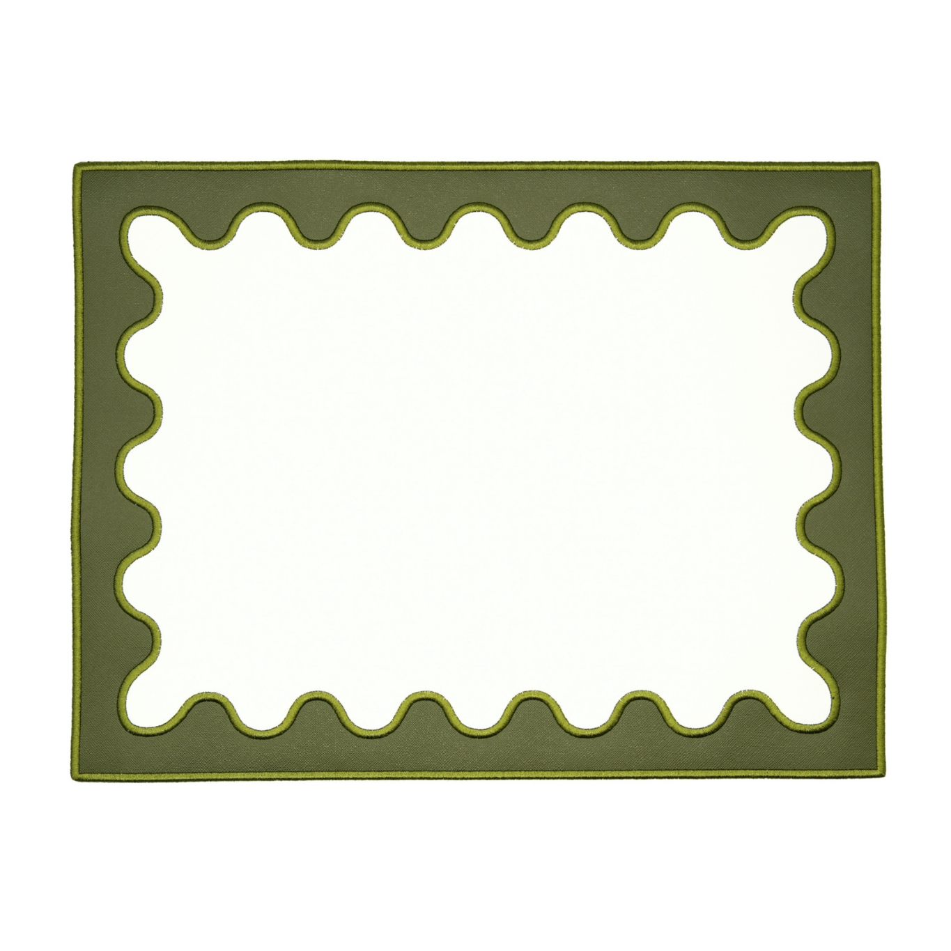 A rectangular dark green faux leather placemat with a stylized border design.