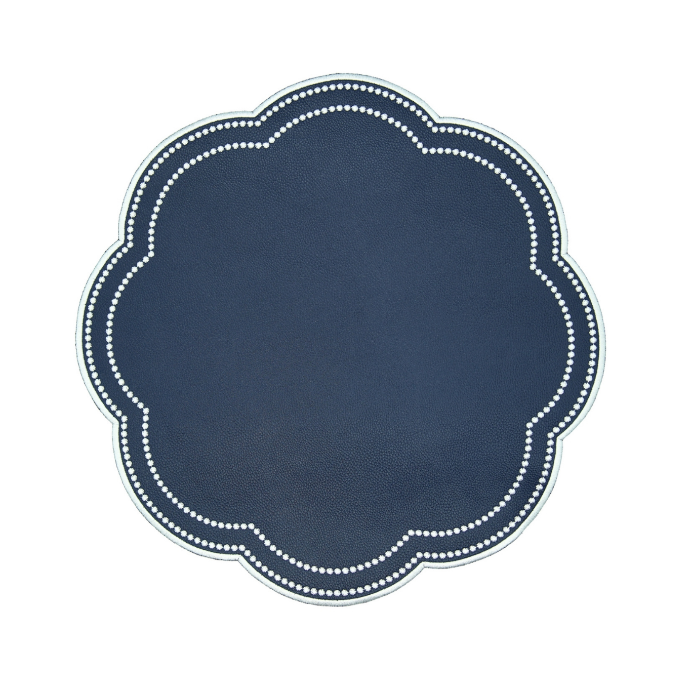 A round placemat with blue faux leather material and a white border featuring dotted details.