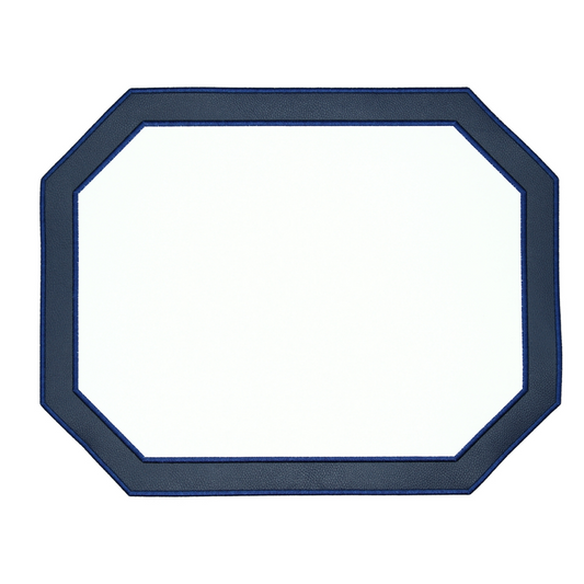 Navy blue faux leather placemat with a octagonal shape on a white background.
