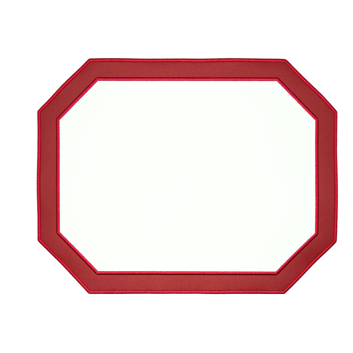 A red octagonal faux leather placemat with a smooth surface and no patterns or textures.