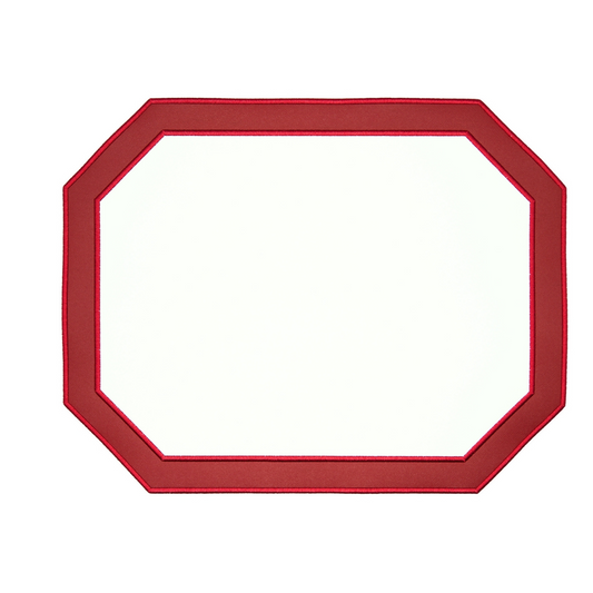 A red octagonal faux leather placemat with a smooth surface and no patterns or textures.