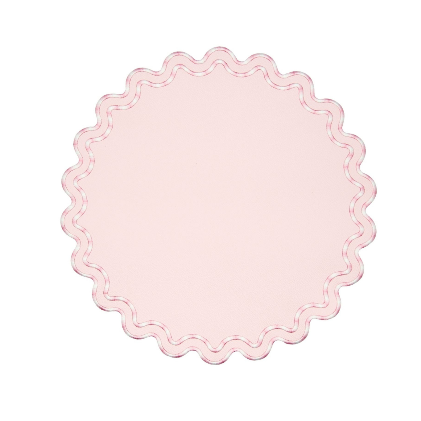 A round pink faux leather placemat with a scalloped edge design.
