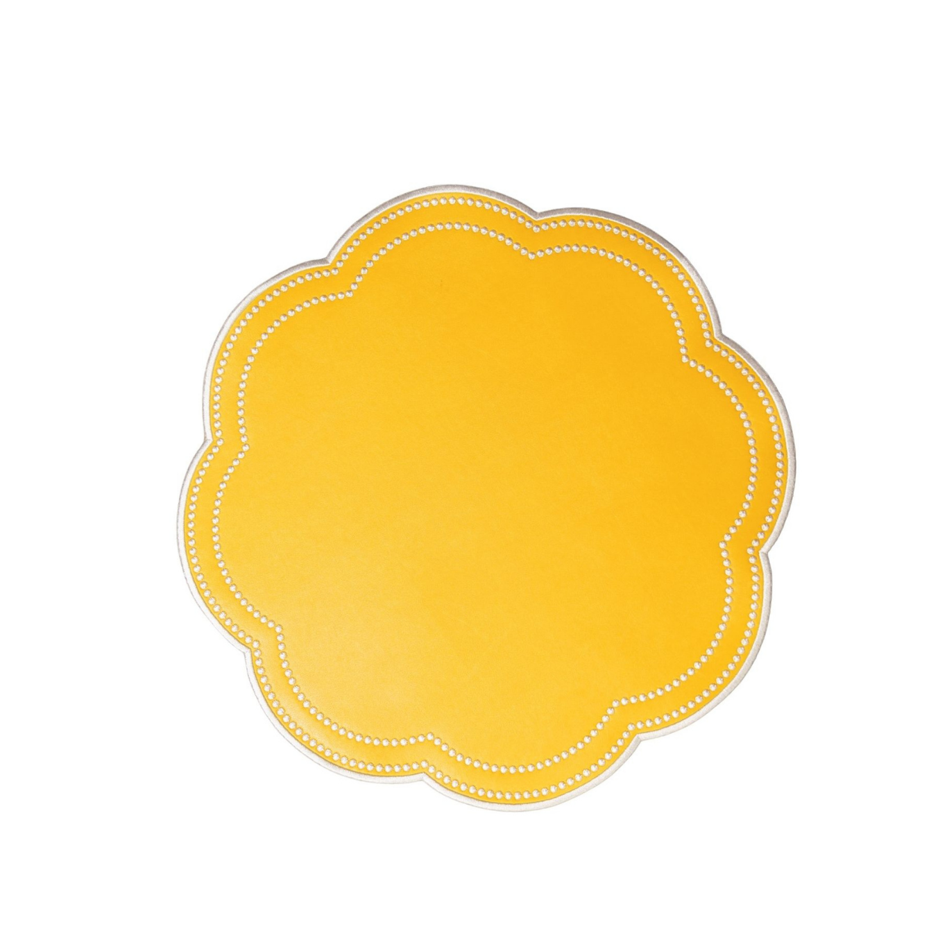 A round yellow faux leather placemat with a decorative stitched edge design.