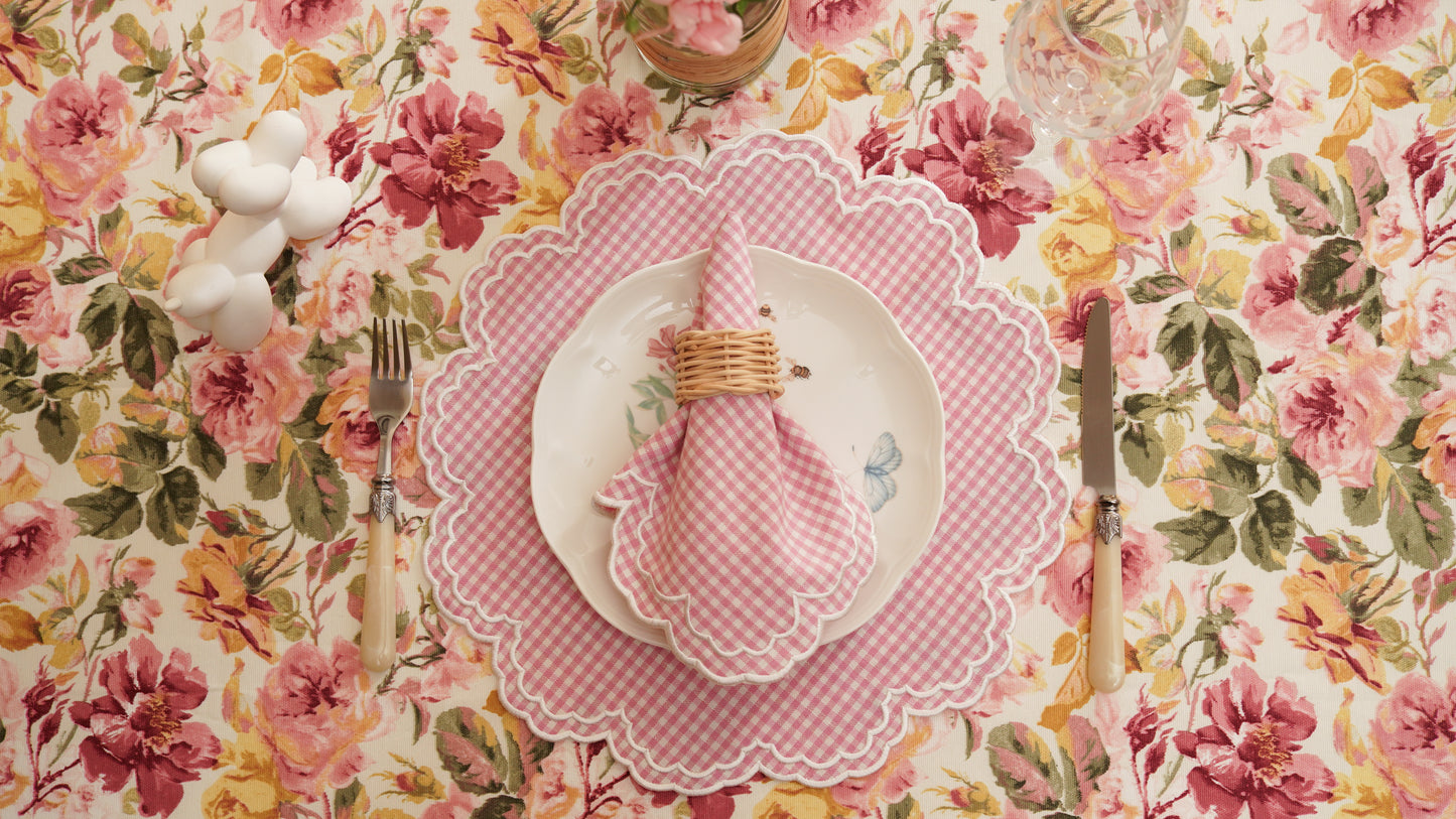 MAGNOLIA GINGHAM PINK WHITE TRIM FABRIC PLACEMAT NAPKIN SET