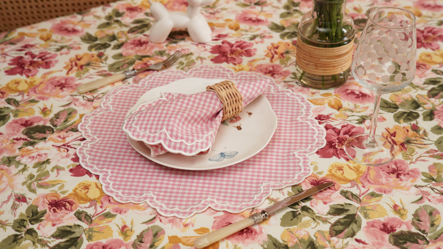 MAGNOLIA GINGHAM PINK WHITE TRIM FABRIC PLACEMAT NAPKIN SET