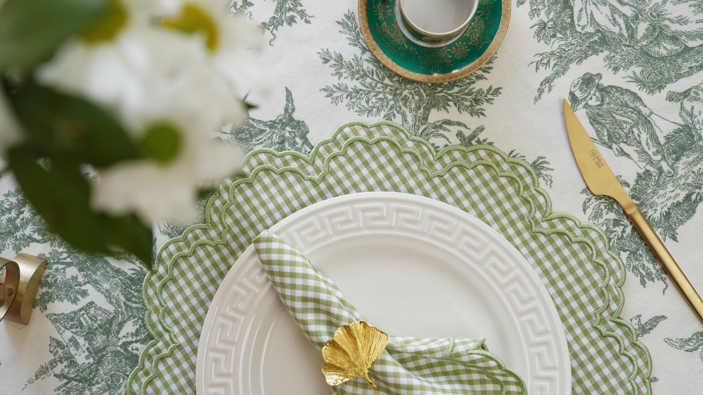 MAGNOLIA GINGHAM GREEN WHITE TRIM FABRIC PLACEMAT NAPKIN SET