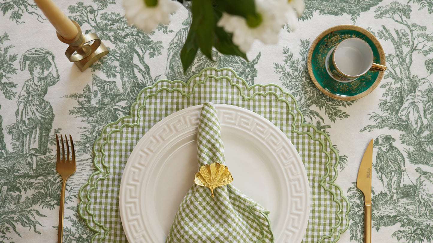 MAGNOLIA GINGHAM GREEN WHITE TRIM FABRIC PLACEMAT NAPKIN SET