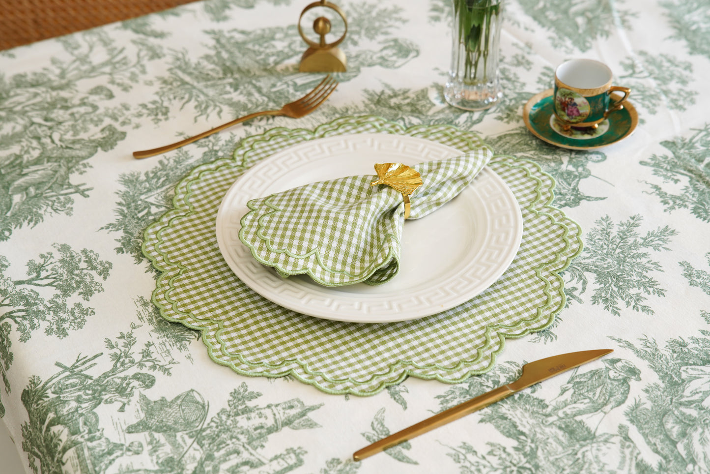MAGNOLIA GINGHAM GREEN WHITE TRIM FABRIC PLACEMAT NAPKIN SET