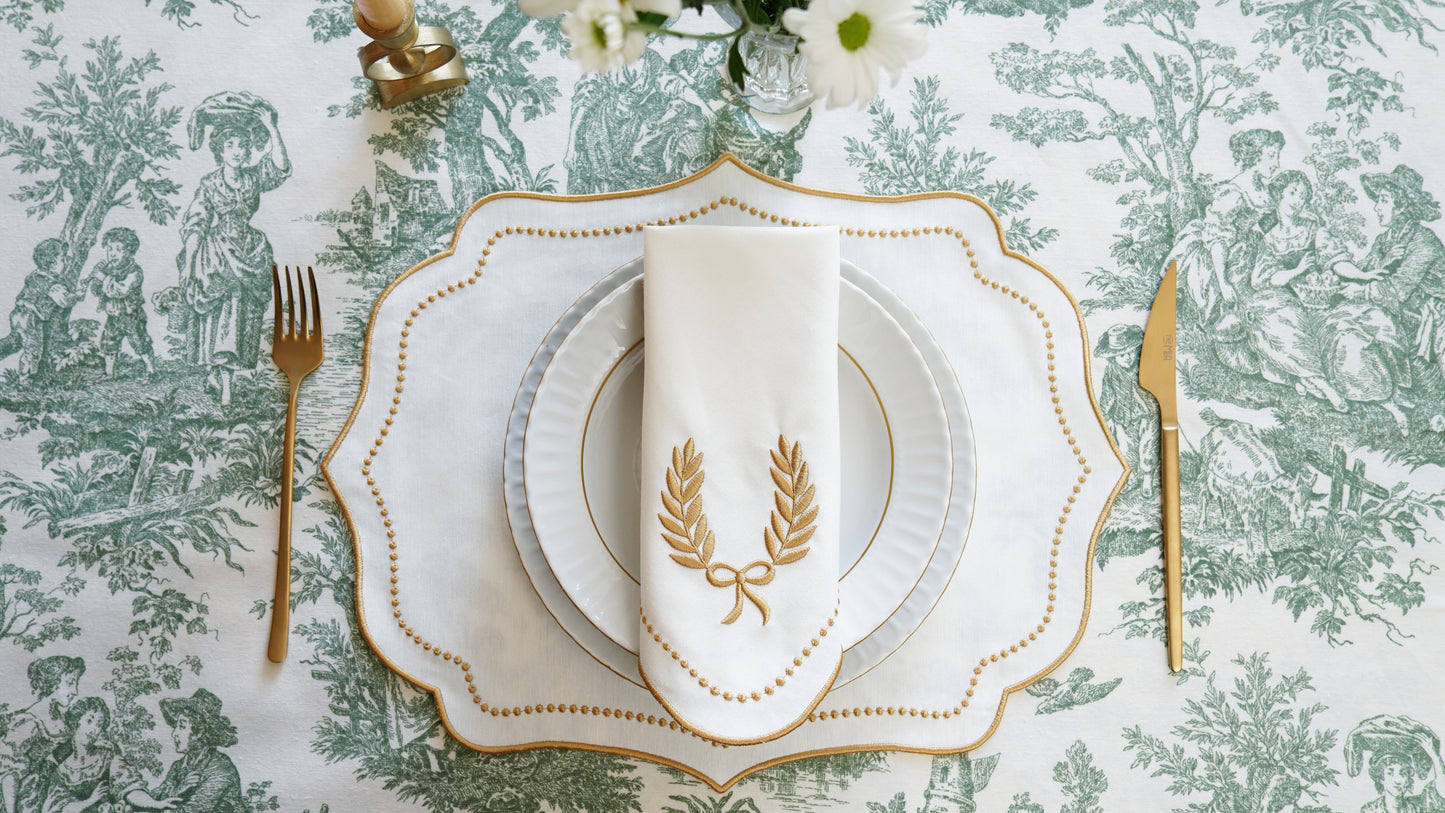 LUNA IVORY GOLD TRIM FABRIC PLACEMAT NAPKIN SET