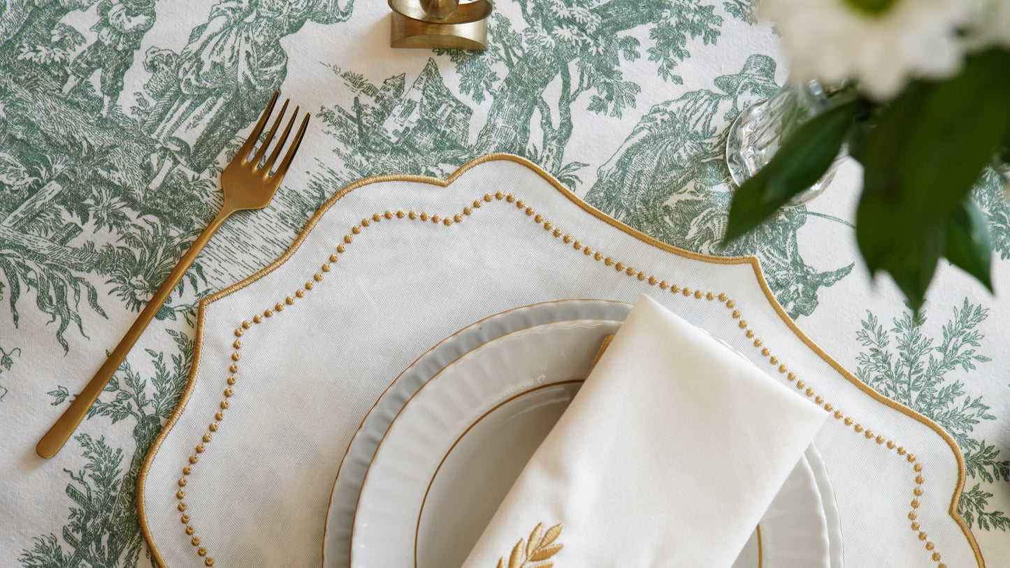 LUNA IVORY GOLD TRIM FABRIC PLACEMAT NAPKIN SET
