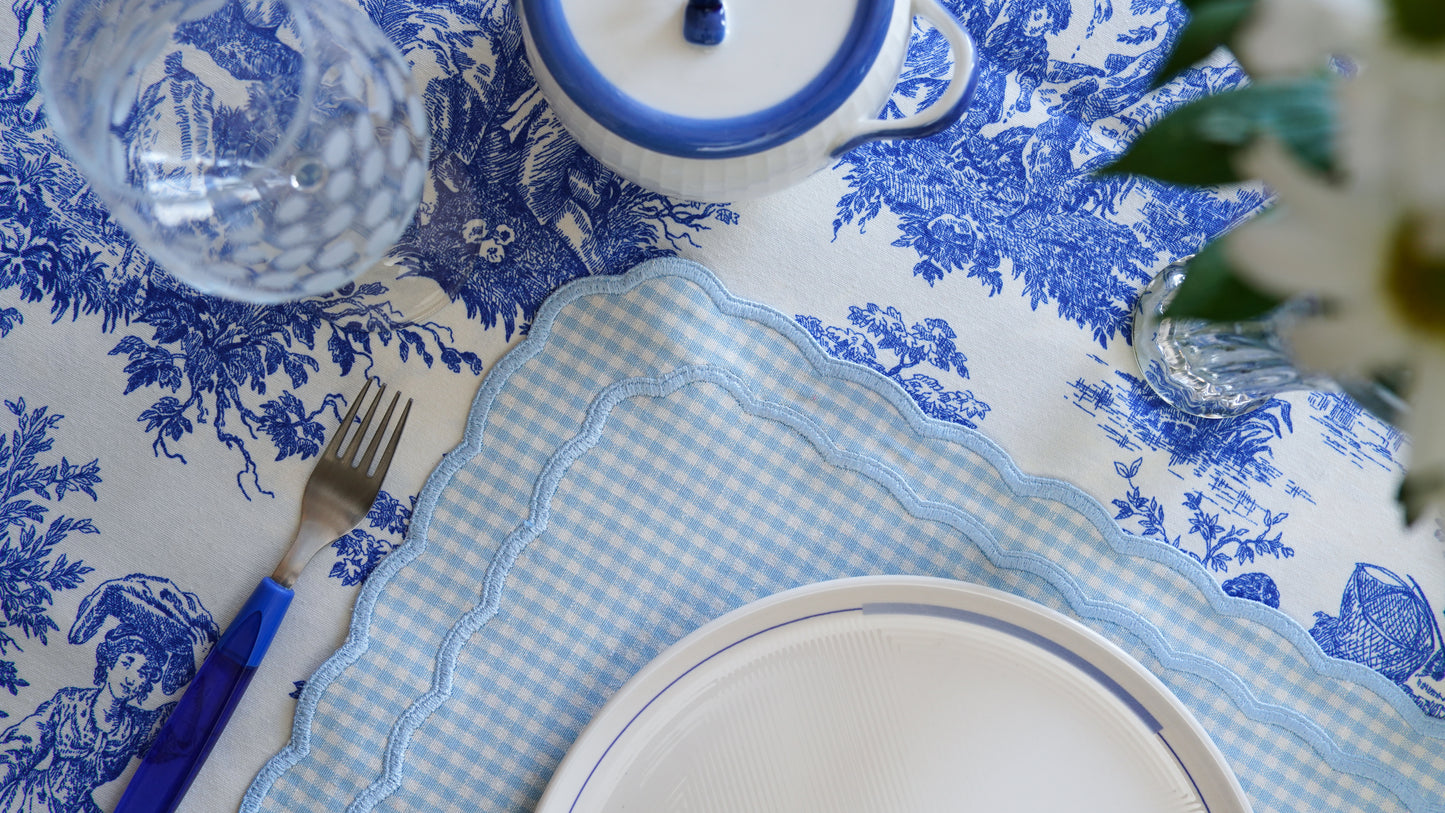 DAHLIA BLUE GINGHAM BLUE TRIM FABRIC PLACEMAT NAPKIN SET