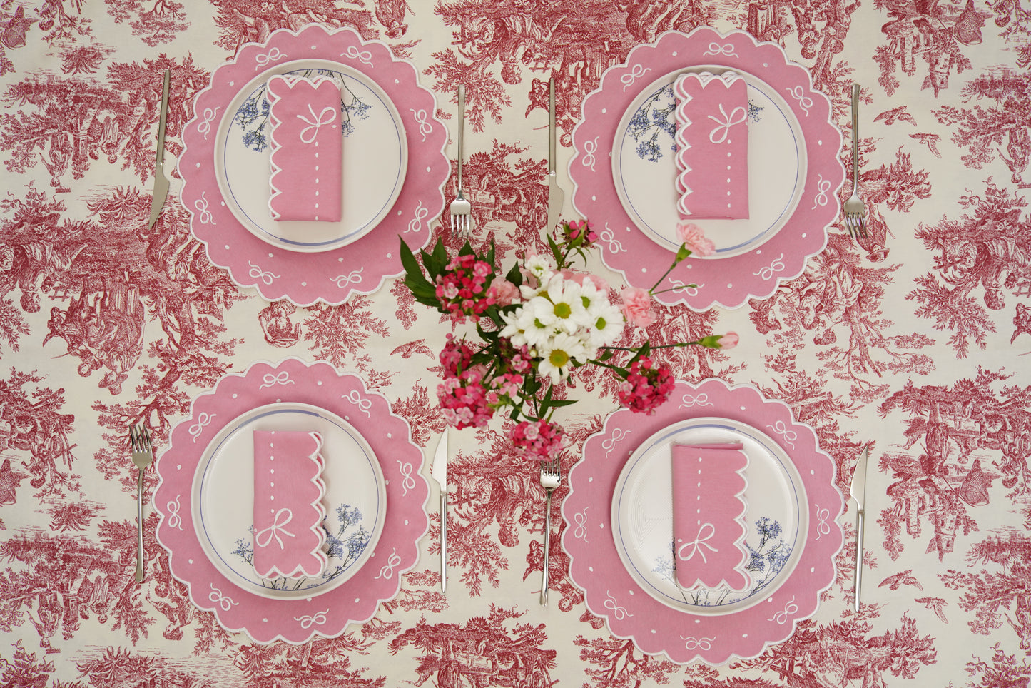 RIBBIA PINK WHITE TRIM FABRIC PLACEMAT NAPKIN SET