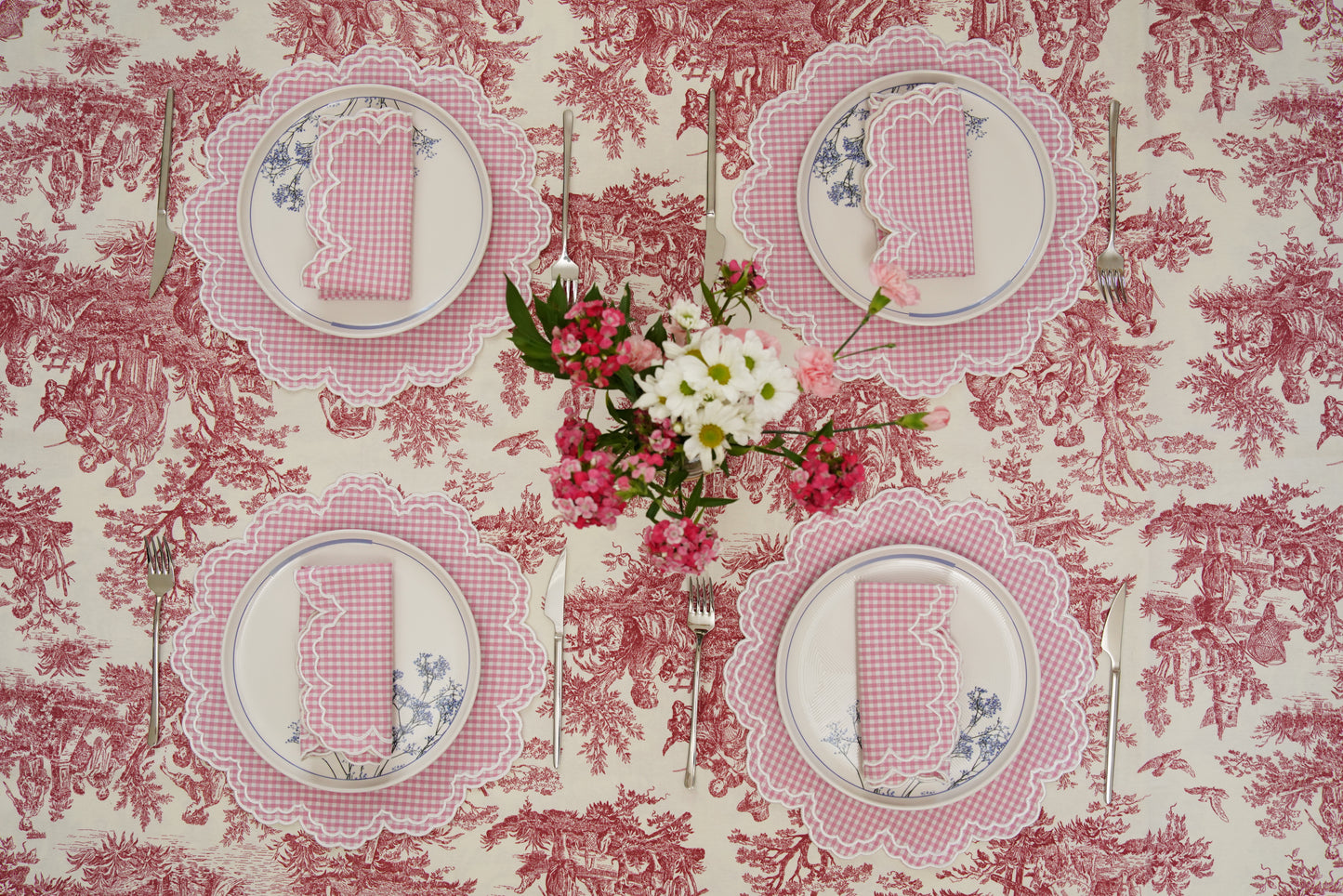MAGNOLIA GINGHAM PINK WHITE TRIM FABRIC PLACEMAT NAPKIN SET