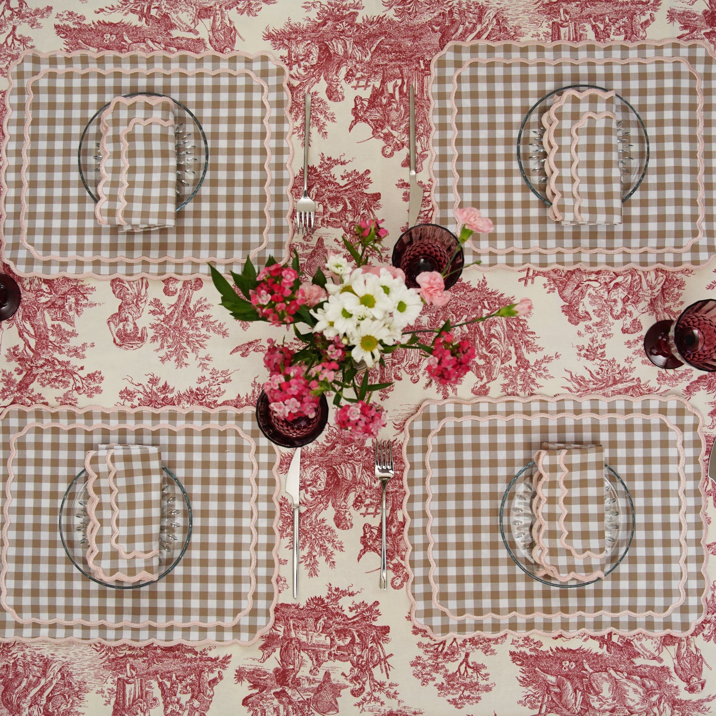 SAGE GINGHAM BEIGE PINK TRIM FABRIC PLACEMAT NAPKIN SET