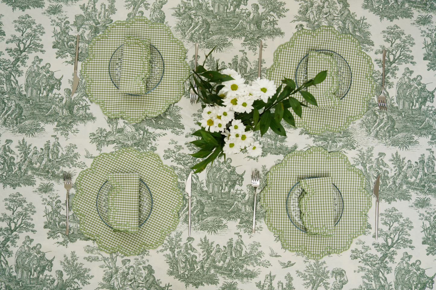 MAGNOLIA GINGHAM GREEN WHITE TRIM FABRIC PLACEMAT NAPKIN SET