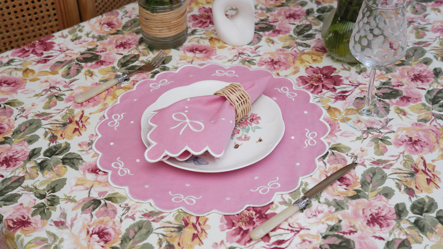 RIBBIA PINK WHITE TRIM FABRIC PLACEMAT NAPKIN SET