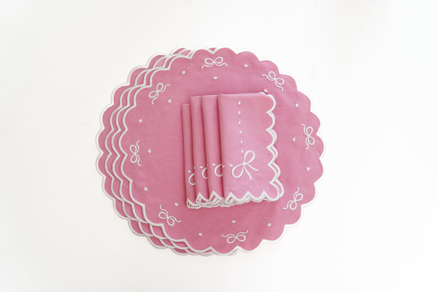 RIBBIA PINK WHITE TRIM FABRIC PLACEMAT NAPKIN SET