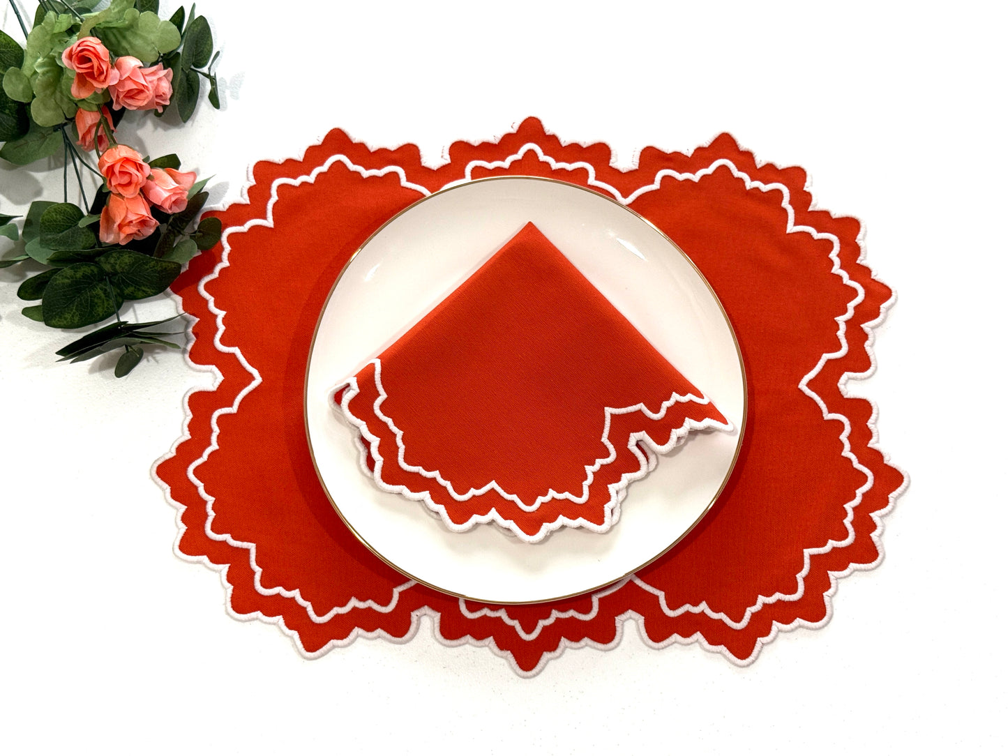 BLOSSOM ORANGE WHITE FABRIC PLACEMAT NAPKIN SET