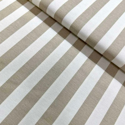 A close-up view of a folded gray and white striped tablecloth displaying the fabric texture and stripe pattern.