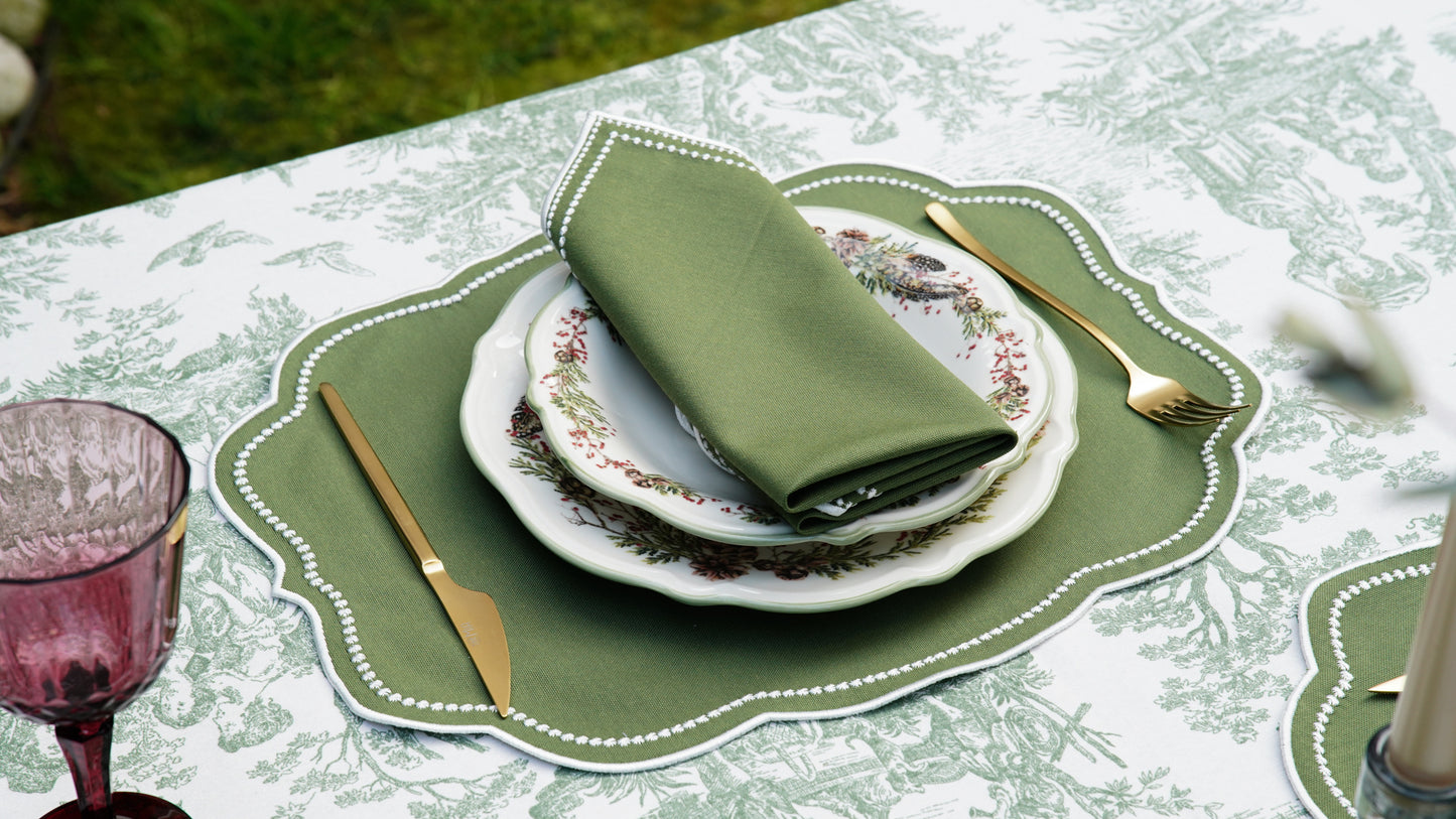 MIRELI GREEN WHITE TRIM FABRIC PLACEMAT NAPKIN SET