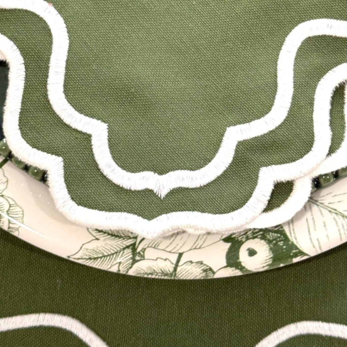 Close-up of green fabric with white embroidery and floral pattern.