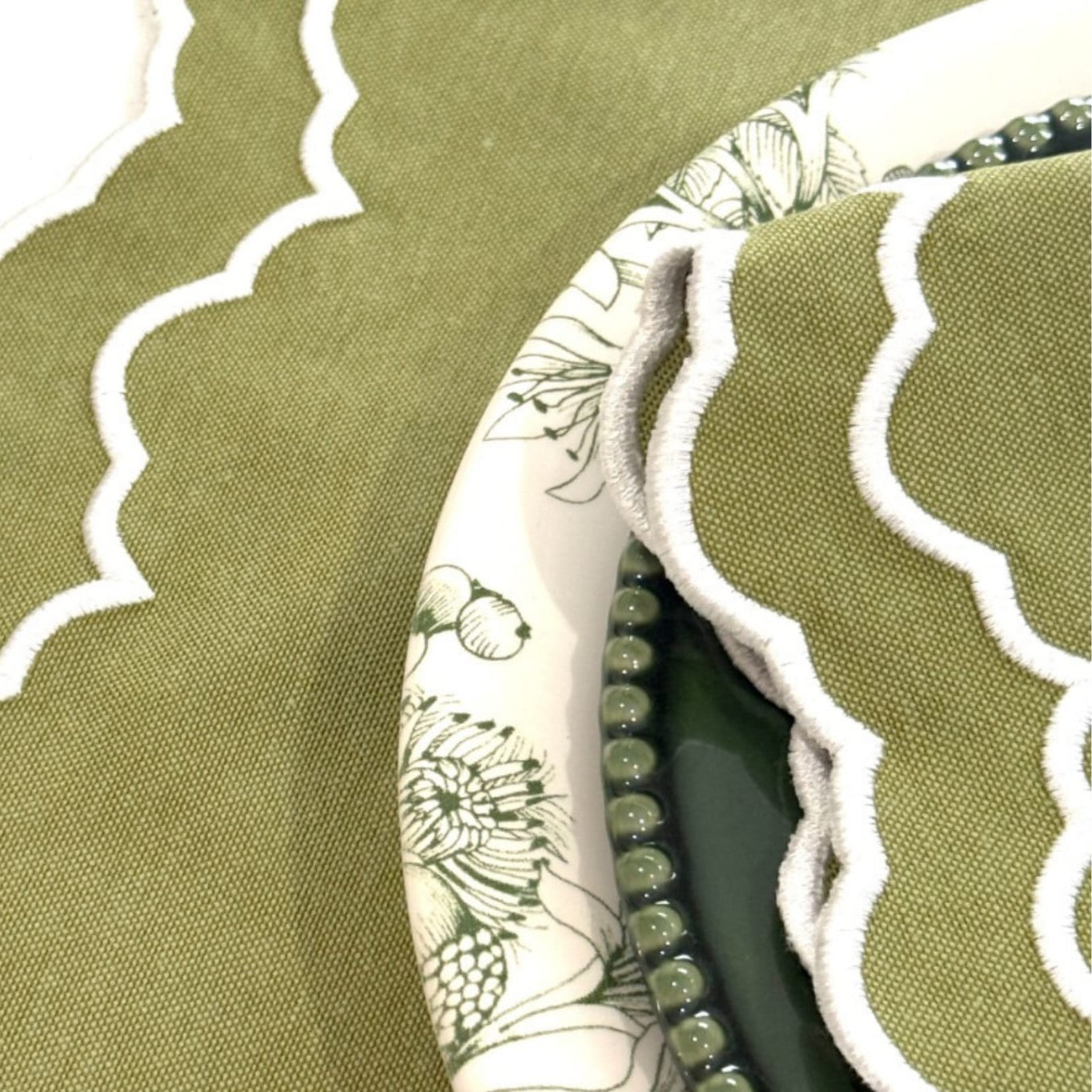 Close-up of green fabric with white piping and floral pattern.