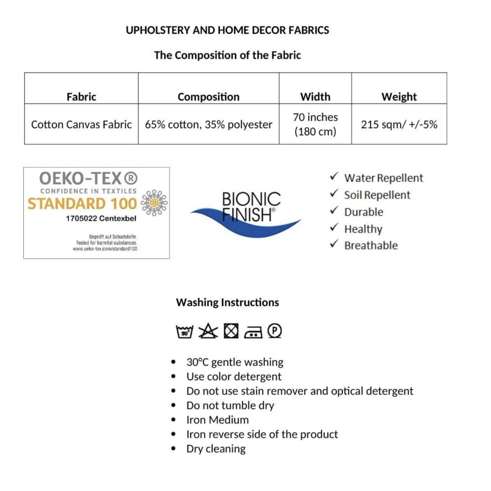 Fabric composition and washing instructions for upholstery and home decor, featuring OEKO-TEX and Bionic Finish logos.