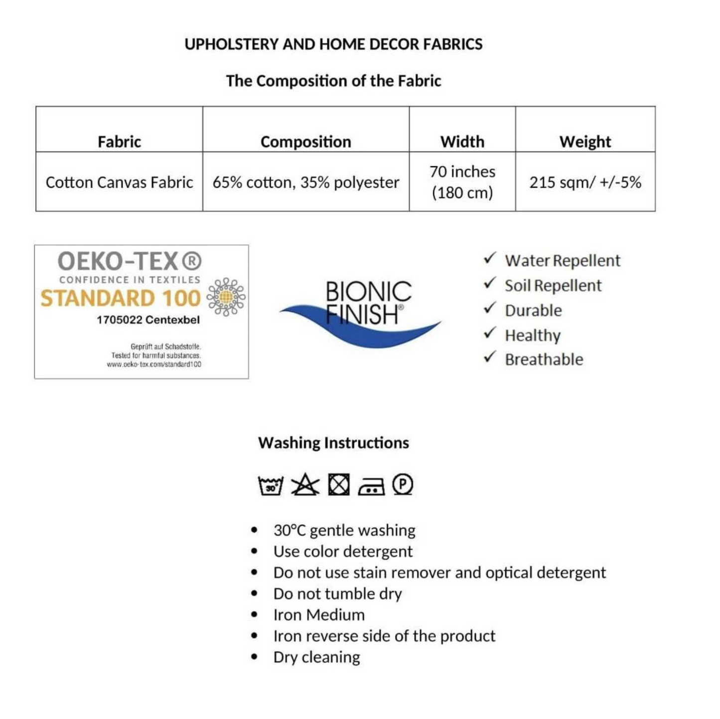 Fabric composition and washing instructions sheet for upholstery and home decor fabrics.