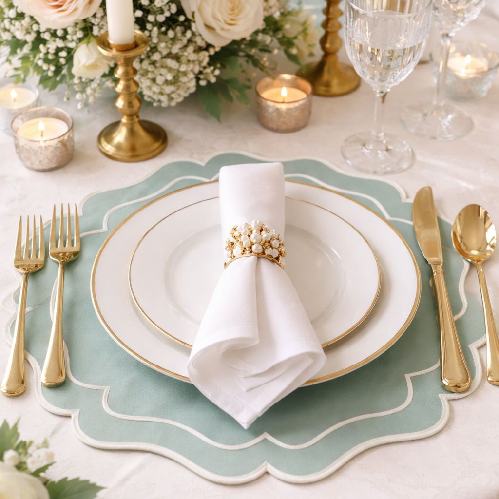 Elegant table setting with white plates, gold cutlery, and floral decorations.