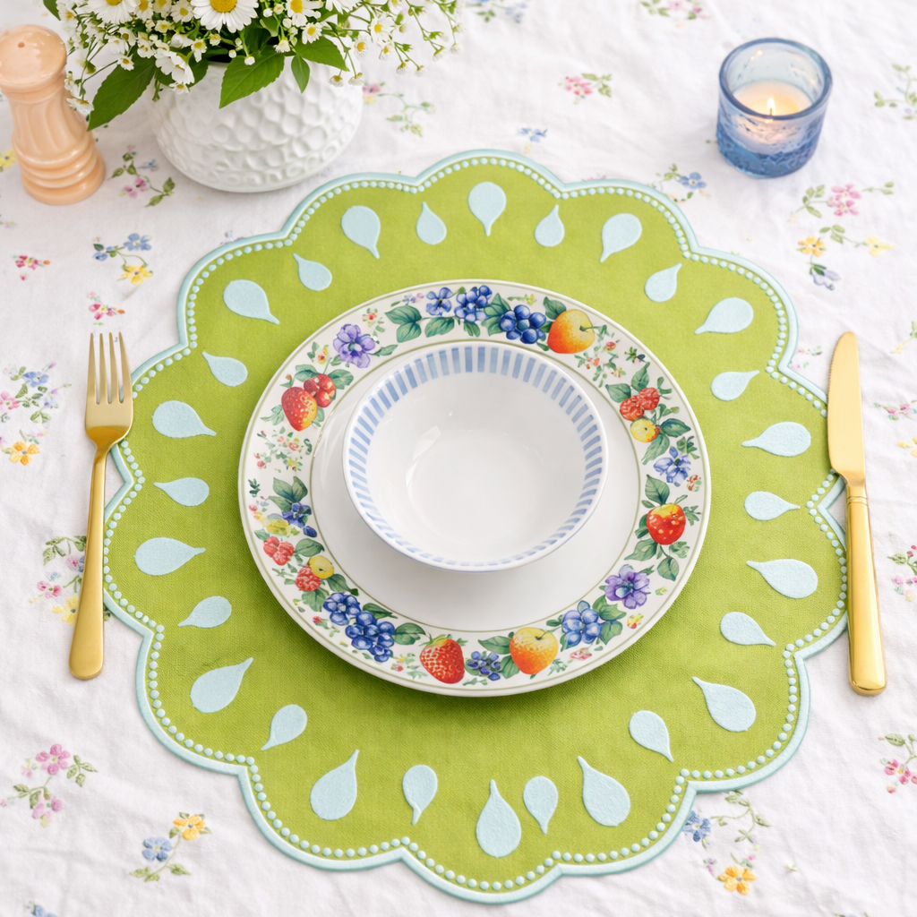 DROPLET GREEN BLUE TRIM FABRIC PLACEMAT (SET OF 4)