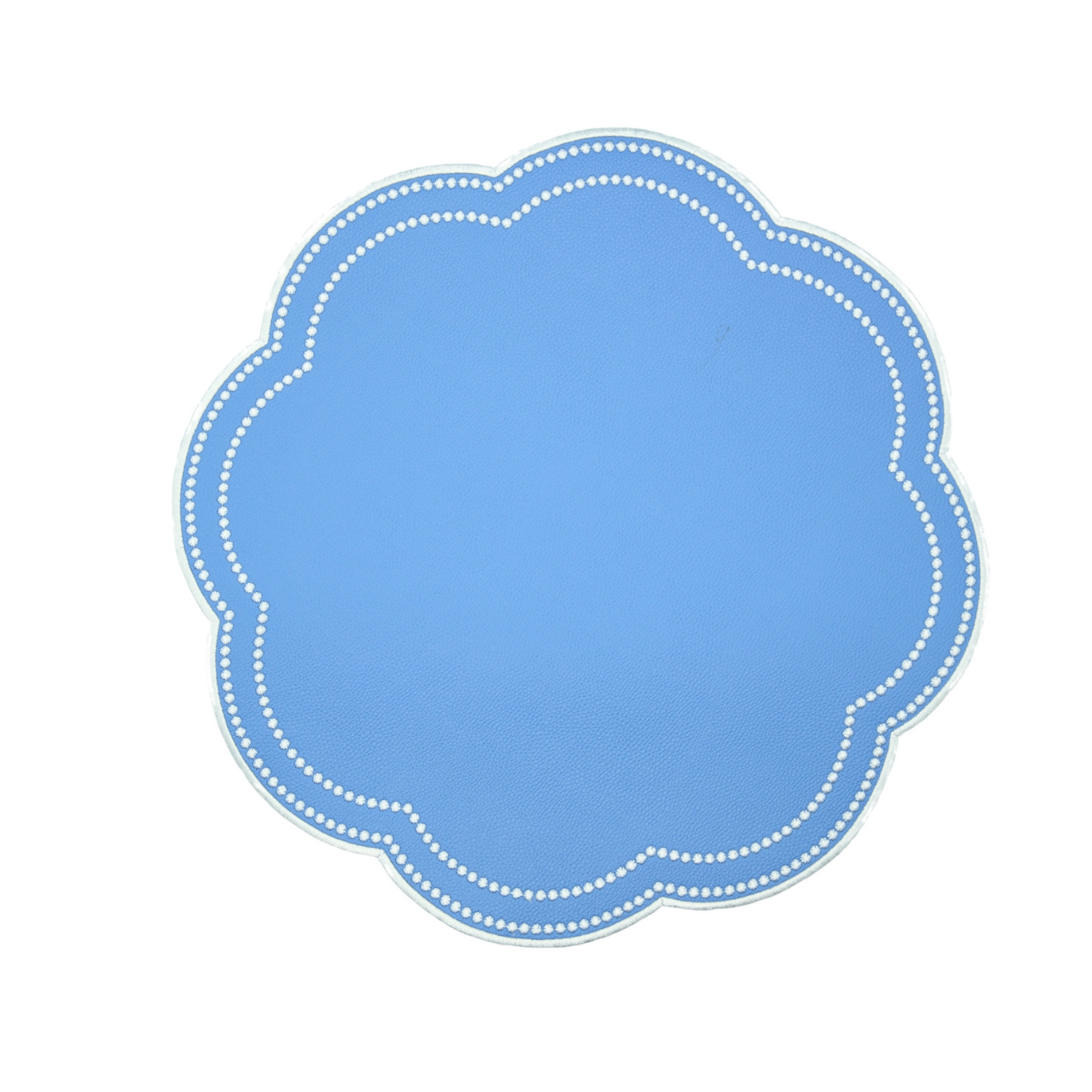 A round blue faux leather placemat with a scalloped edge design and white stitching detail around the border.