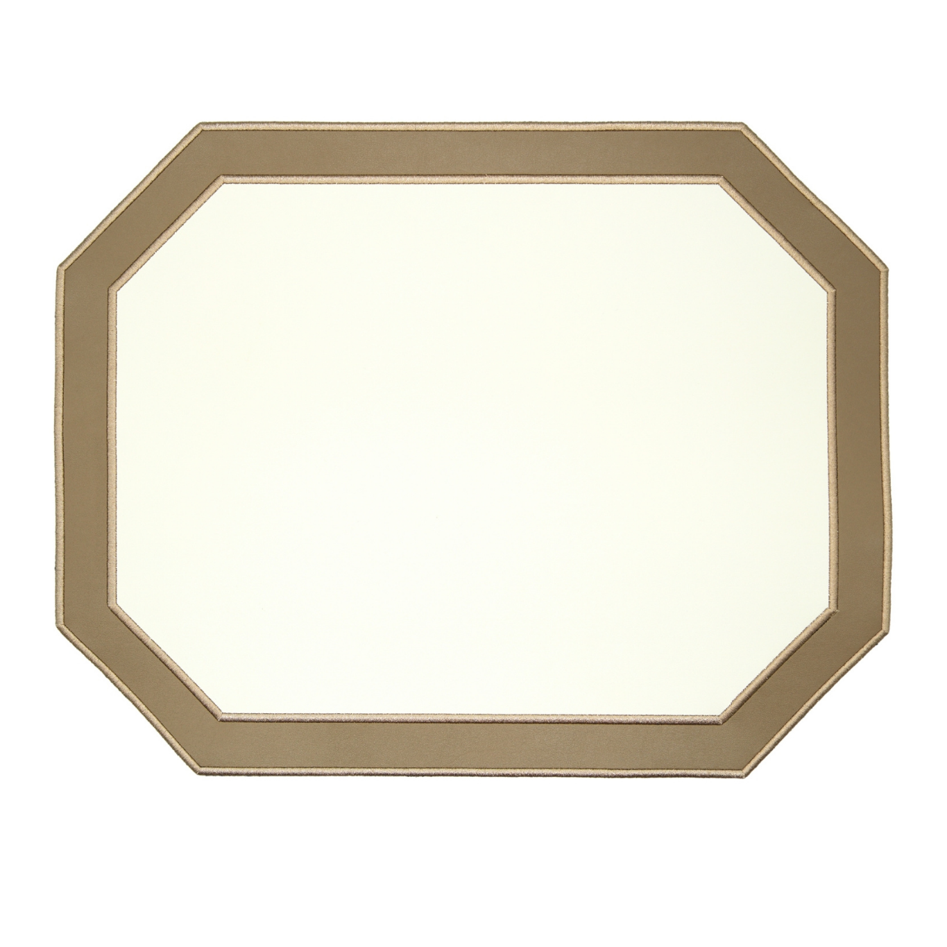 A rectangular faux leather placemat with a light brown color and a decorative embroidered edge.