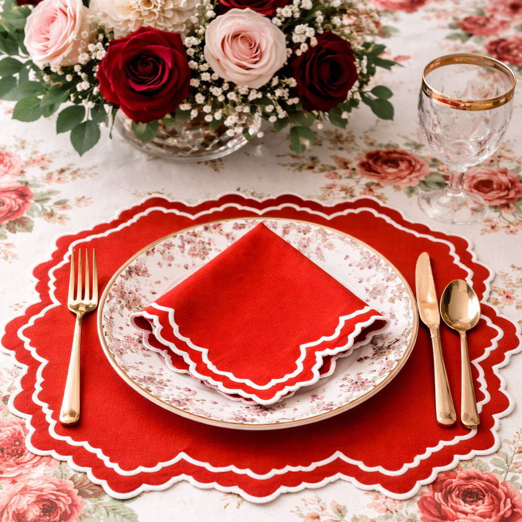 Decorative table setting with red placemat, floral centerpiece, and cutlery on a floral tablecloth.