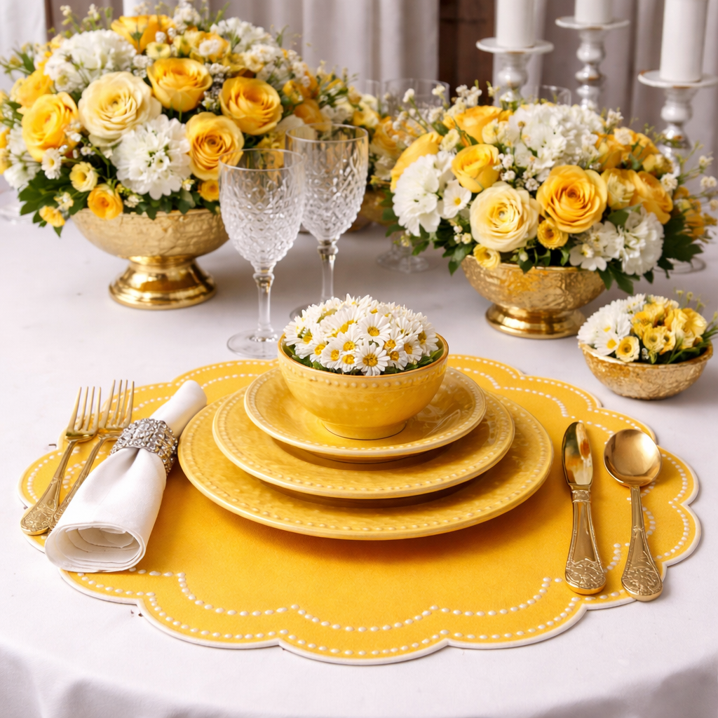 Elegant table setting with yellow plates, flowers, and cutlery on a white tablecloth.