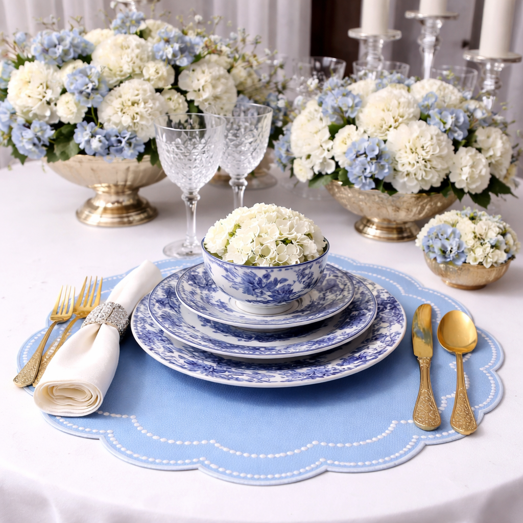 Elegant table setting with blue and white floral arrangements, plates, and cutlery.