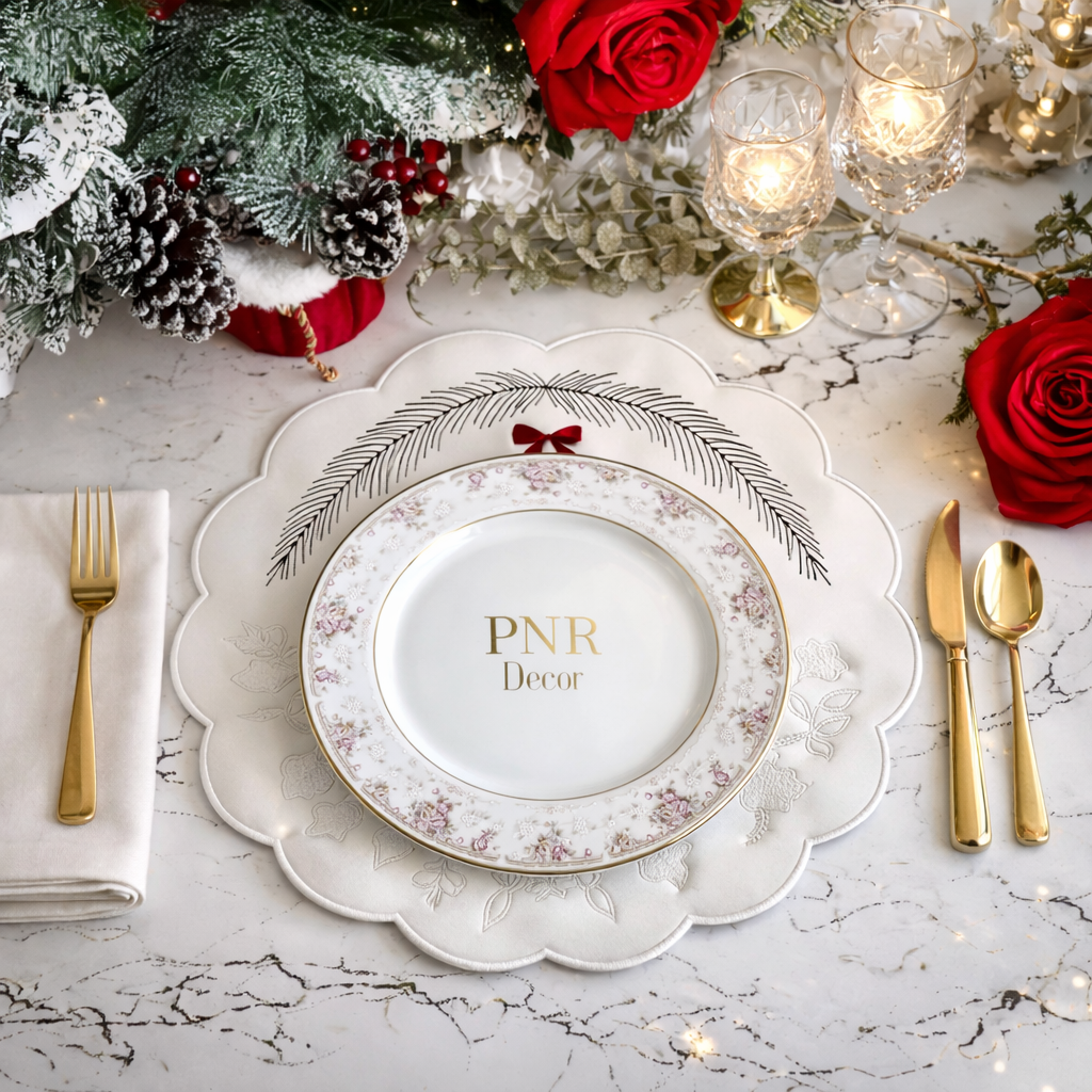 Decorative table setting with a plate featuring 'PNR Decor' branding, surrounded by red roses, candles, and Christmas decorations.