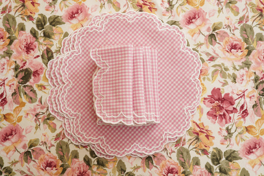 MAGNOLIA GINGHAM PINK WHITE TRIM FABRIC PLACEMAT NAPKIN SET