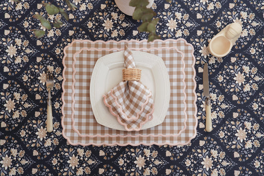 SAGE GINGHAM BEIGE PINK TRIM FABRIC PLACEMAT NAPKIN SET