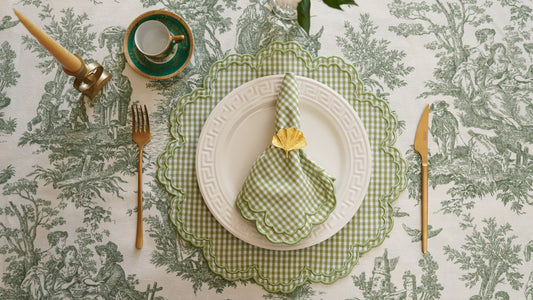 MAGNOLIA GINGHAM GREEN WHITE TRIM FABRIC PLACEMAT NAPKIN SET