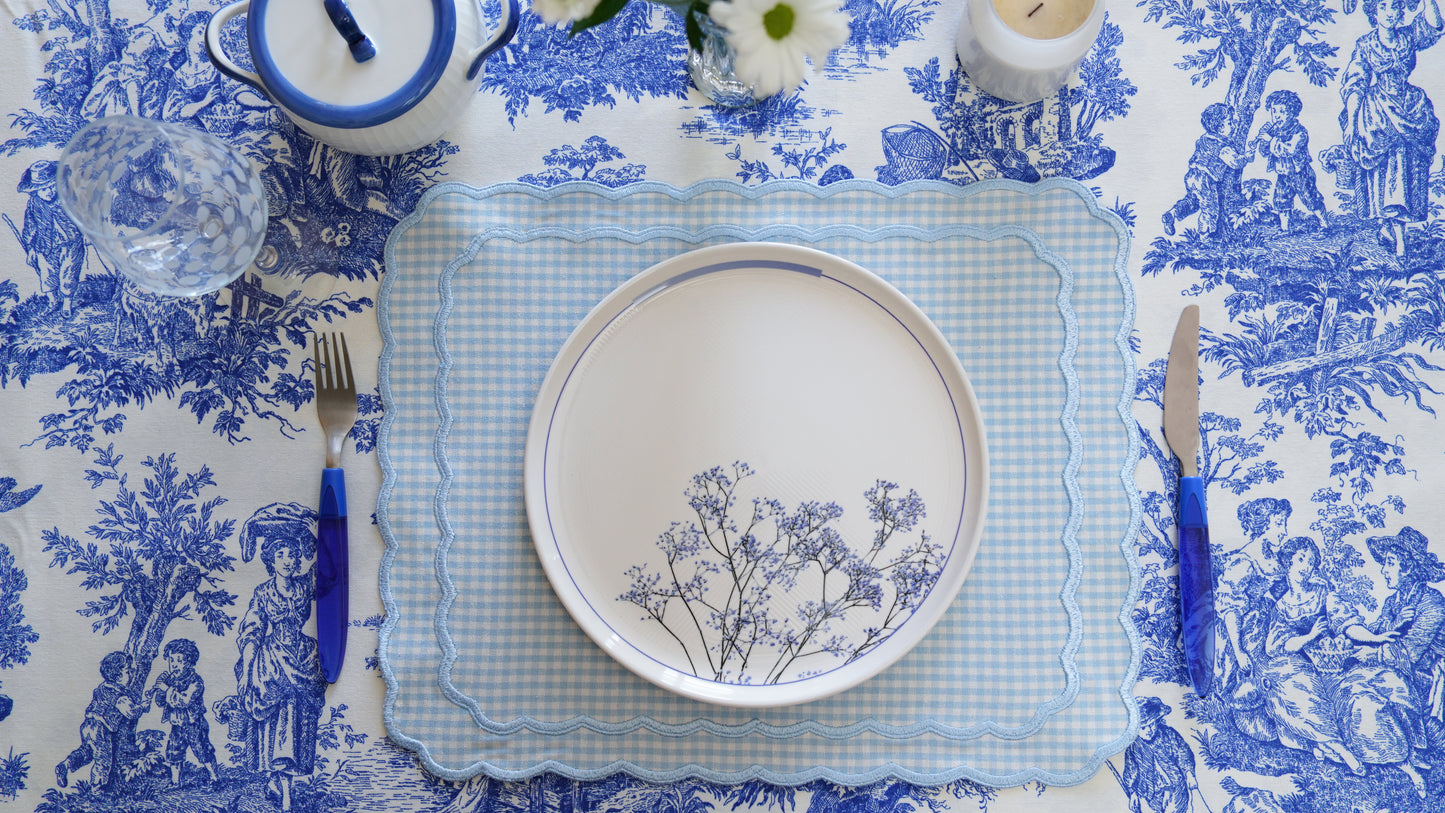 DAHLIA BLUE GINGHAM BLUE TRIM FABRIC PLACEMAT NAPKIN SET