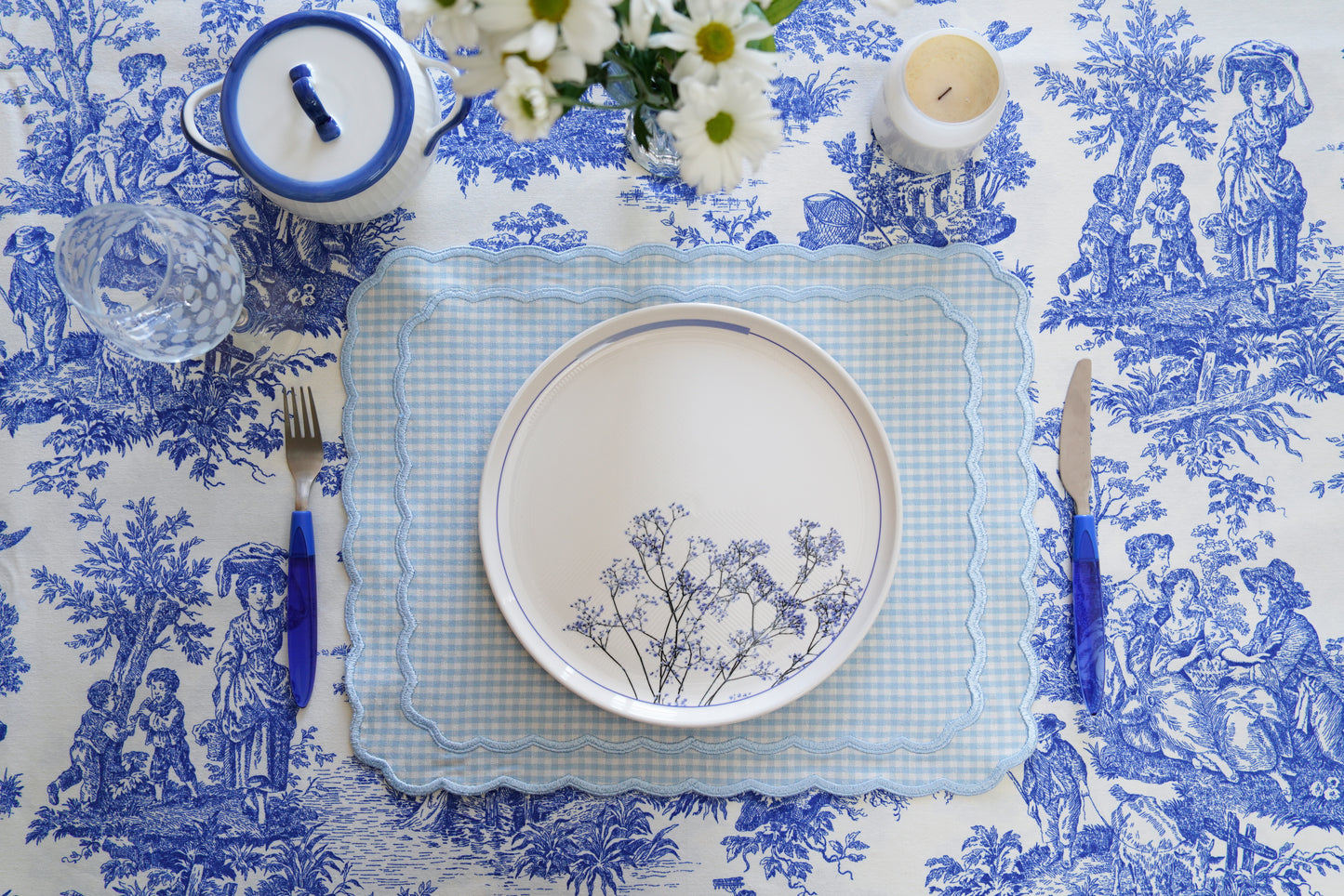 DAHLIA BLUE GINGHAM BLUE TRIM FABRIC PLACEMAT NAPKIN SET